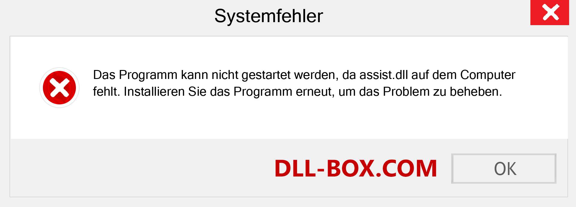 assist.dll-Datei fehlt?. Download für Windows 7, 8, 10 - Fix assist dll Missing Error unter Windows, Fotos, Bildern